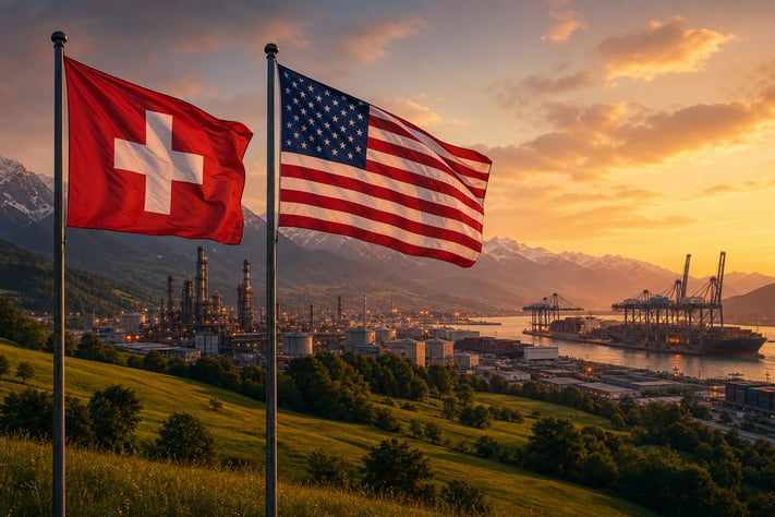 Swiss and US Flags on Export Background
