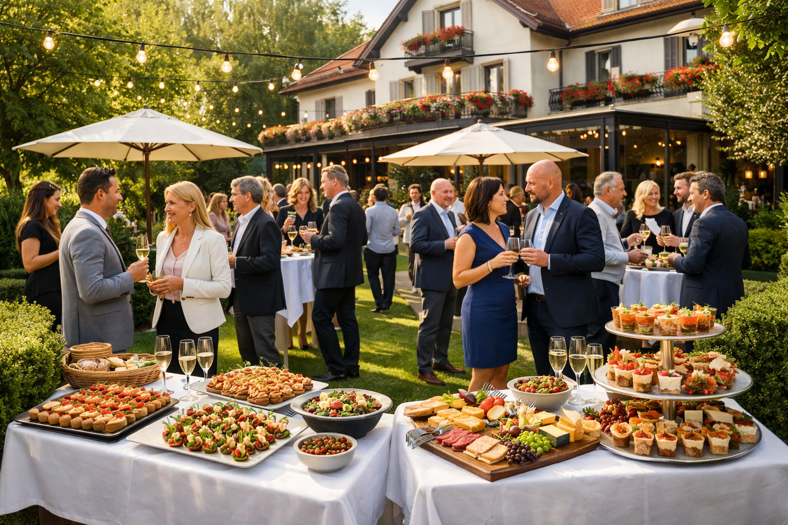 erstelle mit ein bild von einem Community Anlass von Geschftsleuten in einem garten vor einem RestaurantHotel im Sommer Es gibt Apero Riche