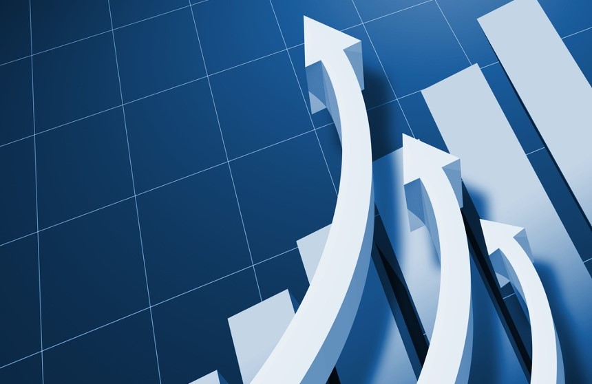 Charts and upward directed arrows against blue  background-1