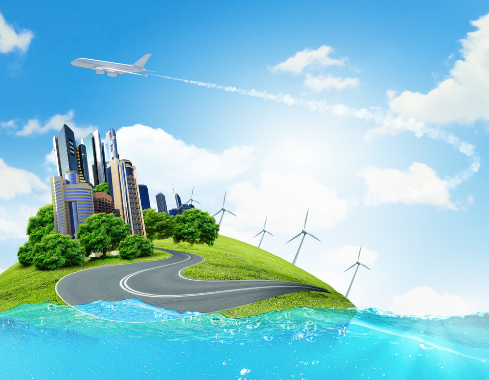 City on island floating in water. Global warming