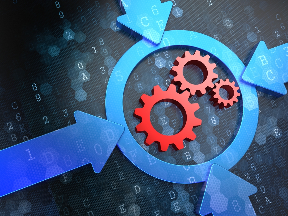 Cogwheel Gear Mechanism Icon Inside the Target on Digital Background. Business Concept.-1
