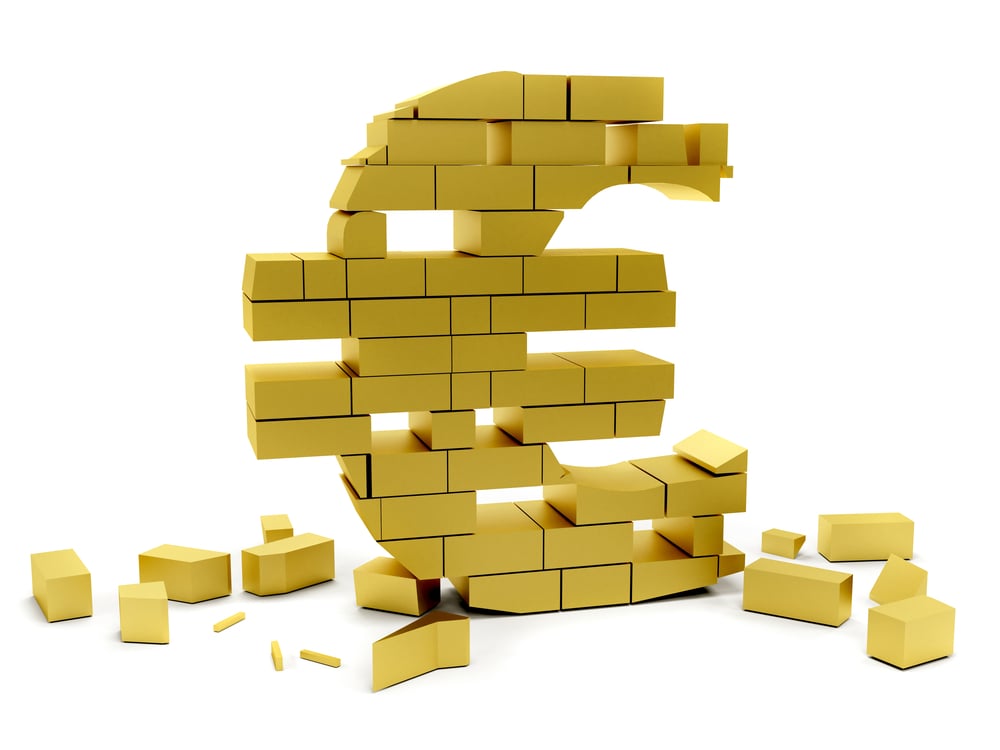 Collapsing euro symbol isolated over a white background