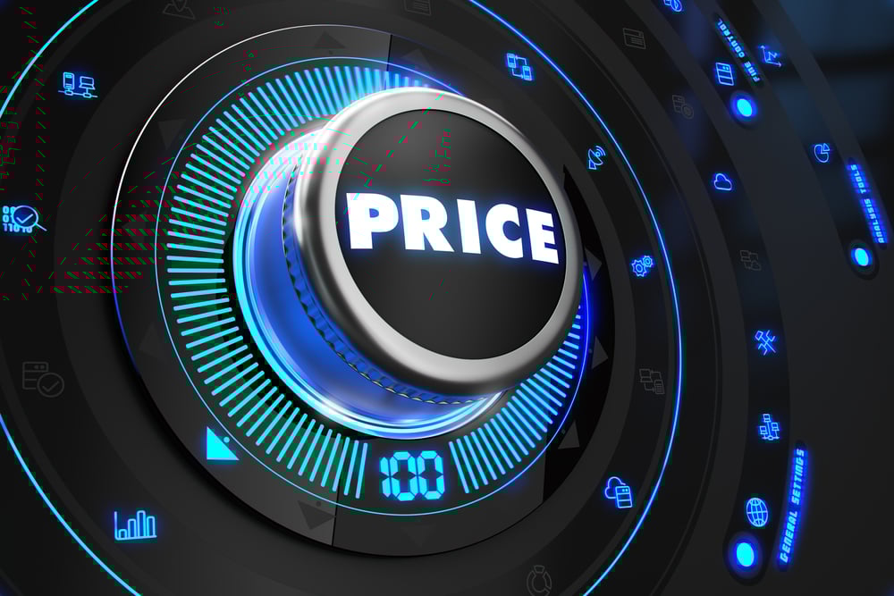 Price Controller on Black Control Console with Blue Backlight. Improvement, regulation, control or management concept.