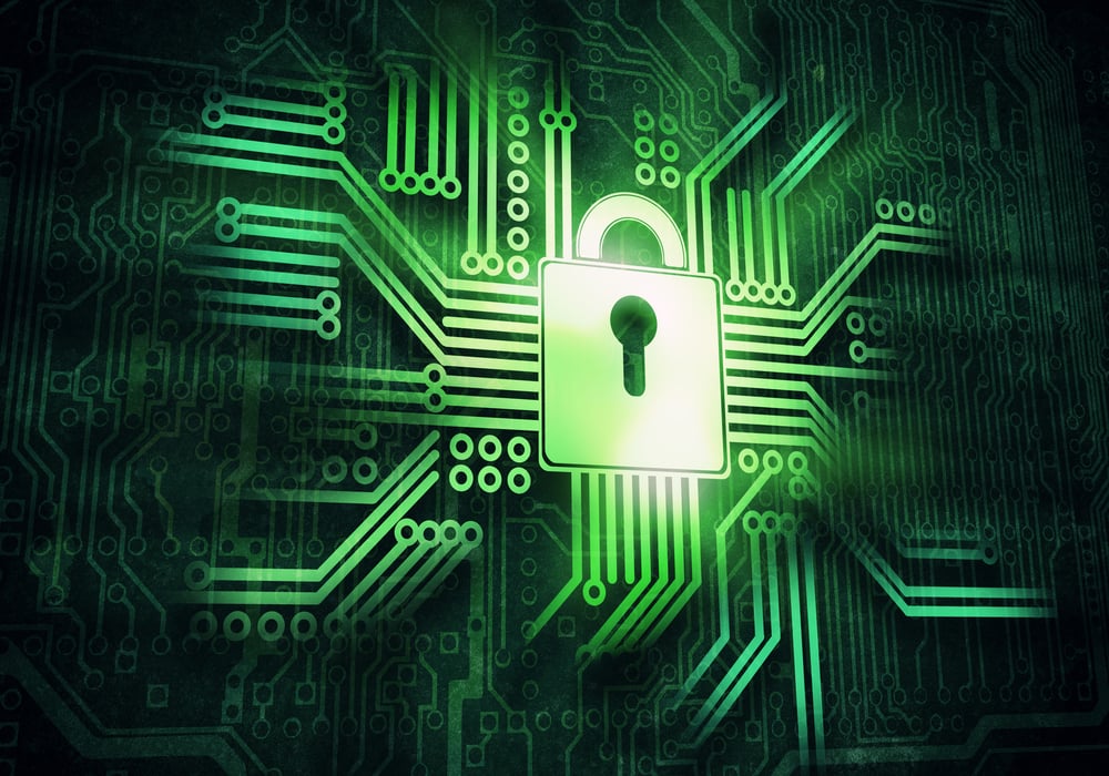 Conceptual digital image of lock on circuit background-1