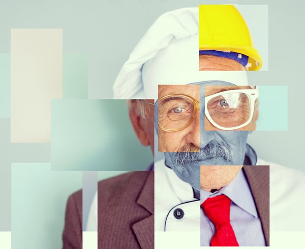 Conceptual collage image of one man with different professions