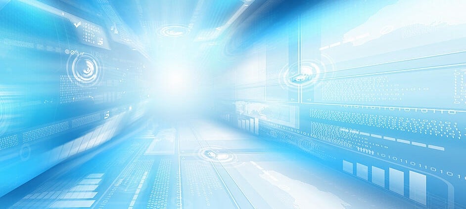 Digital blue background image with technology symbols schmal
