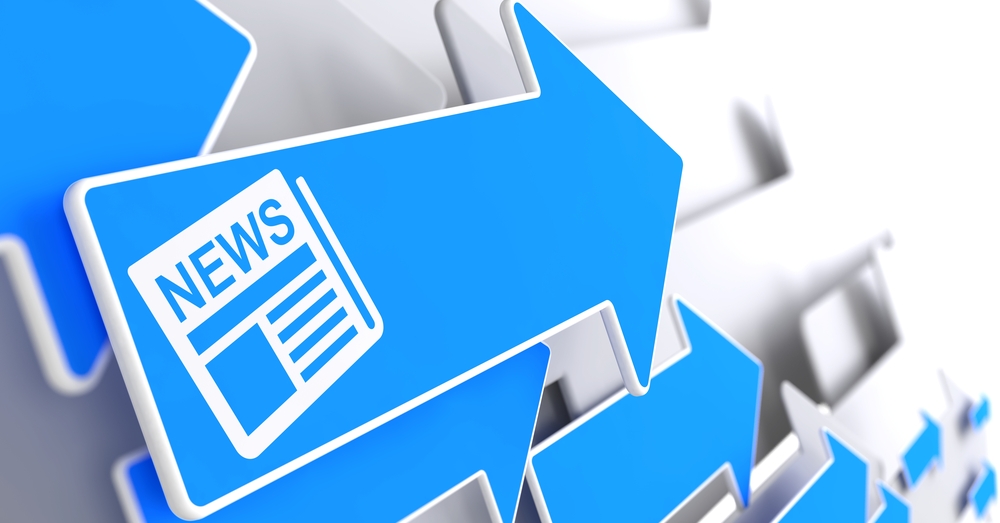 Newspaper Icon with News Title - Blue Arrow on a Grey Background. Mass Media Concept.